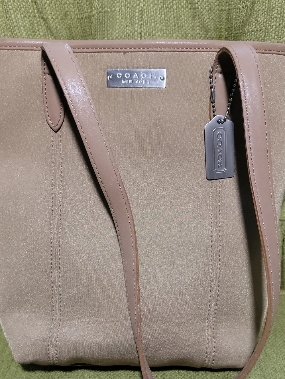 Coach Beige Rylon Shoulder Tote with Leather Trim